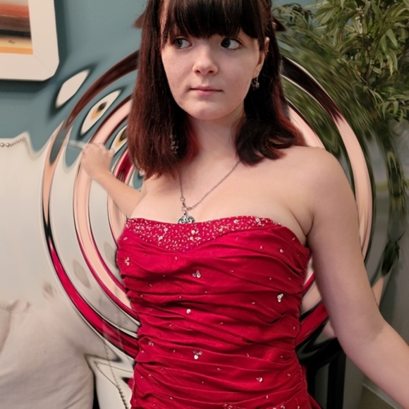 Cinderella Divine ✦ Red Strapless Prom Dress ✦ Lace-Up ✦ Bubble Hem ✦ Sz S ✦ NWT - Picture 7 of 8